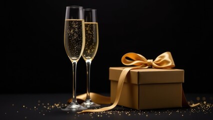 Wall Mural - Two glasses of champagne and a gold gift box on a black background with golden sparkles. Christmas festive background