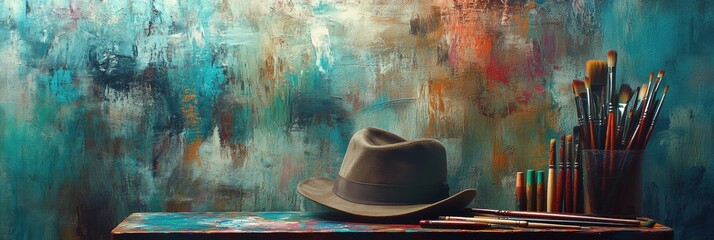 Aufkleber - A hat lies next to paint tubes and brushes on an easel, surrounded by an inspiring array of colors reflecting artistic passion. Generative AI