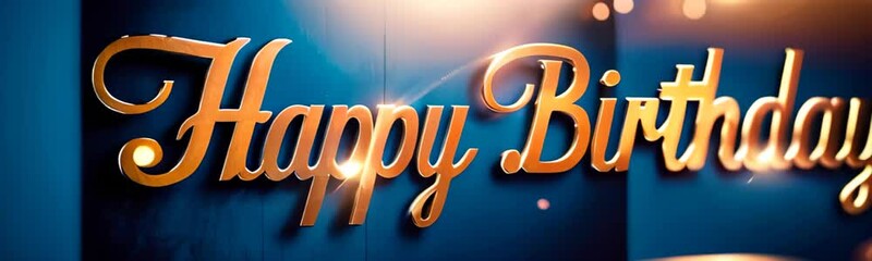 Luxury Happy Birthday text in metallic gold script against a deep blue background with warm light reflections, Website banner