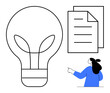 © robu_s - Large light bulb and stack of documents, person pointing. Ideal for creativity, organization, productivity innovation, and information. Minimalist, modern, clean © robu_s - Large light bulb and stack of documents, person pointing. Ideal for creativity, organization, productivity innovation, and information. Minimalist, modern, clean