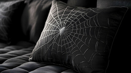 Stylish black pillows adorned with intricate spider web designs -