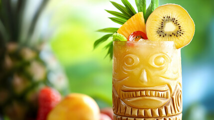 Wall Mural - Tropical cocktail presented in a tiki-style glass adorned with fresh fruits -