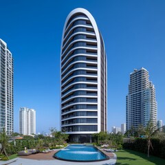 Modern high-rise building with a swimming pool and lush greenery.