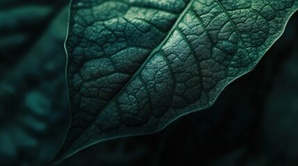 A close-up shot of the veins on an emerald green leaf, highlighting their intricate patterns and textures