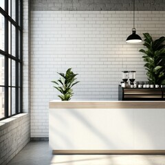 Modern minimalist cafe counter with white brick wall and large window.