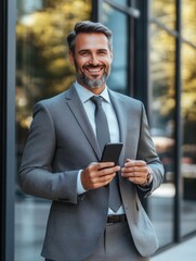 Man in suit smiling at phone, outdoors, modern business attire