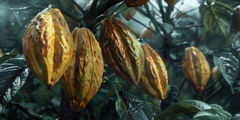 Close-up of three cocoa pods growing on a tree branch, highlighting the intricate texture and coloration.