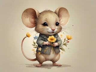 Cute Mouse Holding Flowers