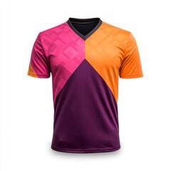 Modern vibrant soccer jersey design with a geometric pattern in pink, orange, and purple.