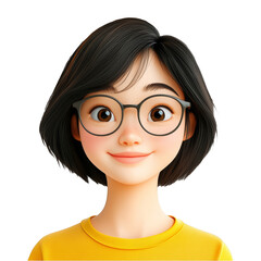 Wall Mural - 3D Cartoon Girl Character Wearing Glasses and Yellow T-Shirt Smiling Face Isolated on Transparency Background Ideal for Metaverse Avatar Profile Picture Concept Art and Gaming Industry Designs