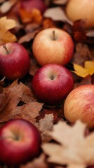 Sticker - Colorful apples scattered among autumn leaves on the ground create a picturesque fall setting