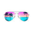 © PNG - Tropical beach reflected in aviator sunglasses summer vacation holiday travel tourism getaway paradise island seaside ocean view colorful sunset palm trees reflection lens fashionable eyewear trendy