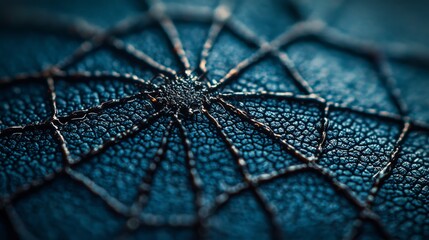 Close-up of a spider web with intricate details against a textured dark background.