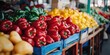 © vefimov - Fresh bell peppers in vivid colors at a vegetable stall. Variety of healthy produce available at local market.