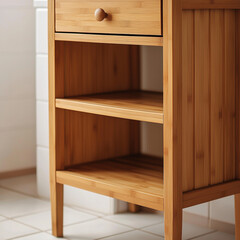 An aspect of kitchen decor showcasing light birch shelving within a cupboard for dishware and kitchenware. White wall