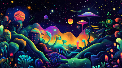 Wall Mural - Colorful abstract alien landscape featuring vibrant creatures and cosmic elements against a dark starry background. Alien Flora and Fauna. Illustration