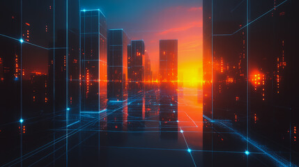 Smart digital city with connection cyber security network reciprocity over the cityscape . future smart wireless digital city and social media networking systems that connects people within the city