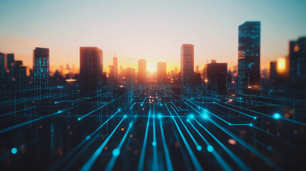 Smart digital city with connection cyber security network reciprocity over the cityscape . future smart wireless digital city and social media networking systems that connects people within the city