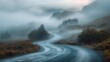 © Waraporn - Winding road leading through a misty moody mountain landscape on a gloomy overcast autumn day  The foggy atmospheric scene creates a sense of mystery and solitude