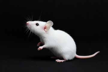 the beside view baby Rat standing, left side view, low angle, white copy space on right, Isolated on black Background