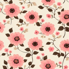 Wall Mural - Seamless floral pattern with pink flowers and brown leaves on a beige background.