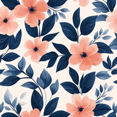 Wall Mural - Seamless pattern of pink flowers and blue leaves on a white background.