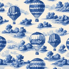 Seamless pattern with blue hot air balloons and clouds on a white background.