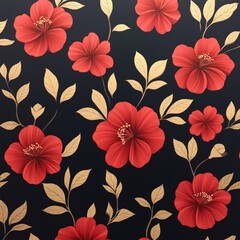 Wall Mural - Seamless pattern with red hibiscus flowers and golden leaves on black background.