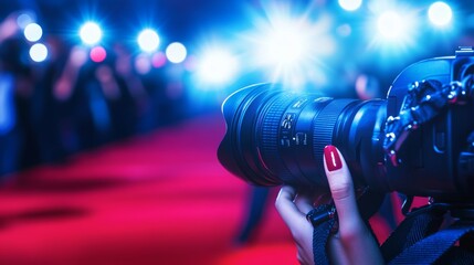 Camera as a celebrity posing on the red carpet with flashing lights from photographers, isolated against a glamorous event background.