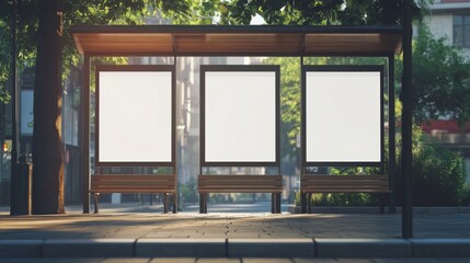 A tranquil urban scene of an empty bus stop featuring three blank advertisement posters, surrounded by lush greenery and bathed in gentle morning sunlight.