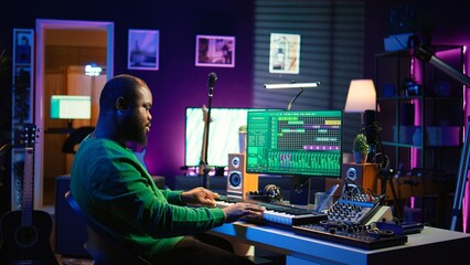 Aufkleber - Skilled music producer creating new songs on midi controller synthesizer, working with mixing console and professional software on pc. Artist using piano and mastering acoustical tunes. Camera B.