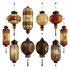 Wall Mural - set of chinese lantern isolated on transparent background, png elements collection.