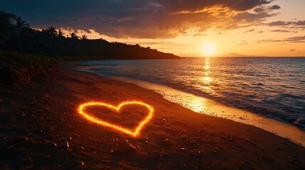 Canvas Print - heart shape drawn in sand, illuminated by sunset on beach, tranquil ocean view.