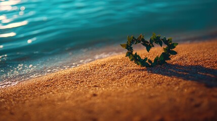 Wall Mural - heart-shaped leaves on sandy beach with gentle waves in the background.