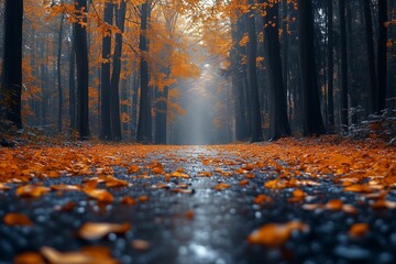 A deserted road lined with trees and fallen autumn leaves on a cold and dreary fall day