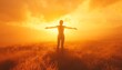 © Itsaree  - Dynamic visualization of an individual standing with arms outstretched in a golden field during sunset, expressing freedom against a breathtaking orange sky