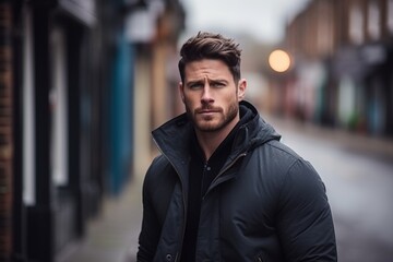 Portrait of a handsome young man in a urban setting. Men's beauty, fashion.