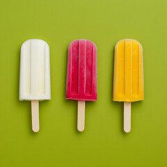 Wall Mural - Three colorful popsicles on a green background.