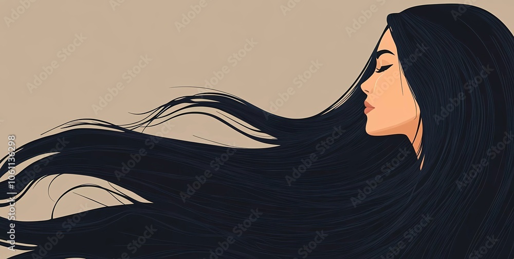 Flat vector illustration of a beautiful woman with long black hair ...