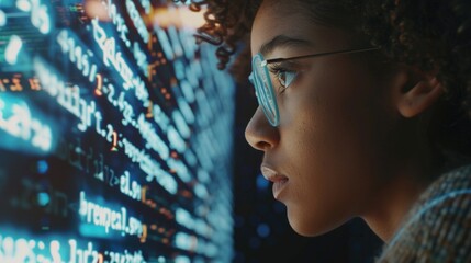 A woman in a high-tech environment, intensely focused on a digital interface with computer code, representing the advances in technology and science.