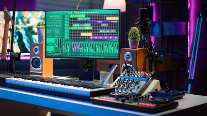 Poster - Empty home studio desk with DAW software and mixing console used for mixing and mastering tracks, post production. Professional sound recording devices and modern gear, music industry.