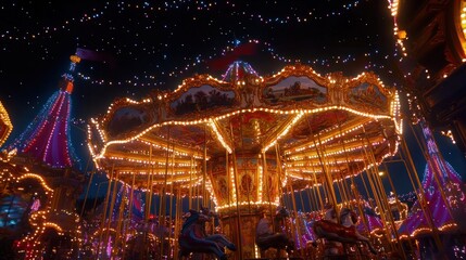 A brightly lit carousel at night with twinkling lights.