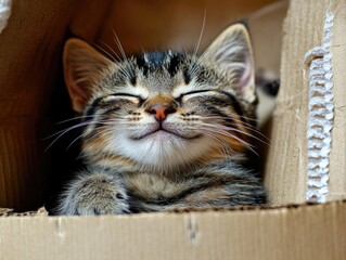  A content, adorable kitten with eyes closed, sitting in a cardboard box, appearing to smile.