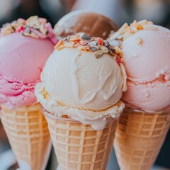 Wall Mural - Three ice cream cones with different flavors, vanilla, strawberry and chocolate, with sprinkles on top.