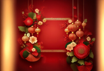 Wall Mural - Red background with gold accents. Lanterns, flowers, and leaves hang from the top of the image. A gold frame is in the center with blank space for text.