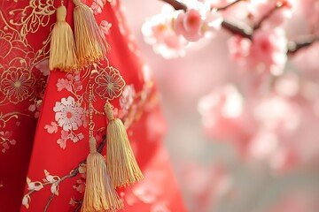 Intricate Patterns on a Red Cheongsam with Blossoms