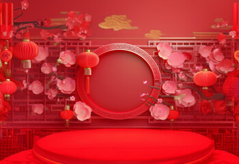 Canvas Print - A red circular platform sits before a red background with traditional Chinese decorations.