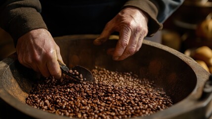 Close-up of a man's hands scooping roasted coffee beans from a large wooden bowl.