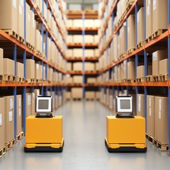 Two automated guided vehicles (AGVs) navigate a warehouse aisle with shelves stocked with cardboard boxes.