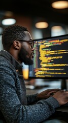 programmer working on code with focus on monitor and coding lines